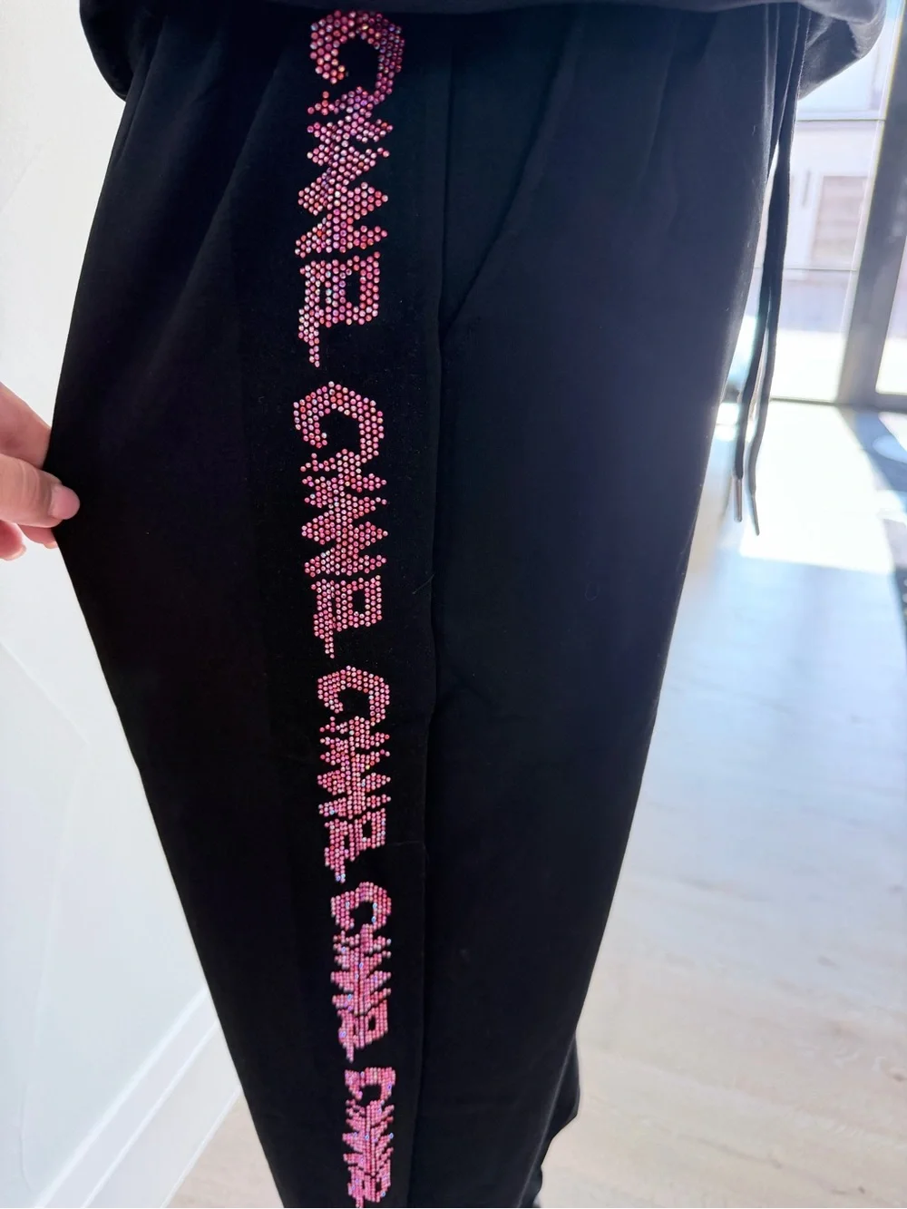 CHANEL Black Tee and Joggers with Pink Logo Detailing size S/M
